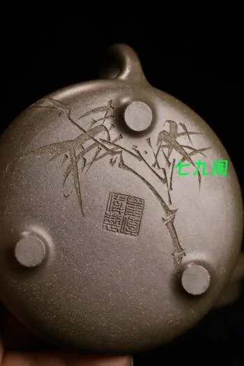 子冶石瓢，实力派陶手崔传伟，原矿松华青段，全手工制，容量270cc，刘一飞（野风）老师精刻野风竹