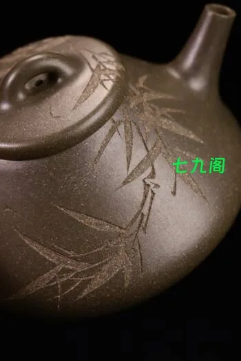 子冶石瓢，实力派陶手崔传伟，原矿松华青段，全手工制，容量270cc，刘一飞（野风）老师精刻野风竹